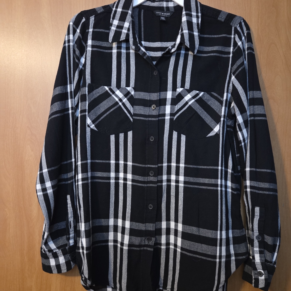 LUCKY BRAND Monochrome Plaid Black & White Button-Down Shirt Size M